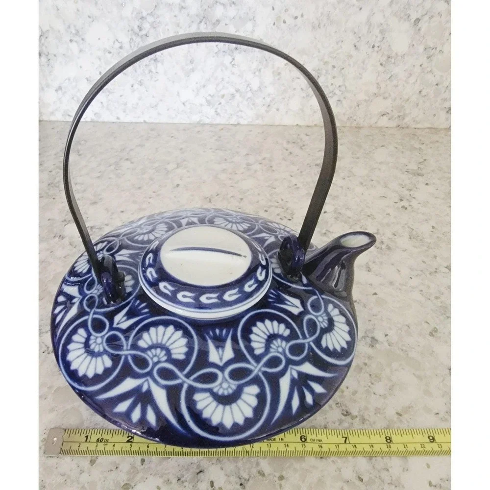 Bombay Arabesque Tile Teapot Blue White Ceramic Vintage 90s Tea Pot with Infuser